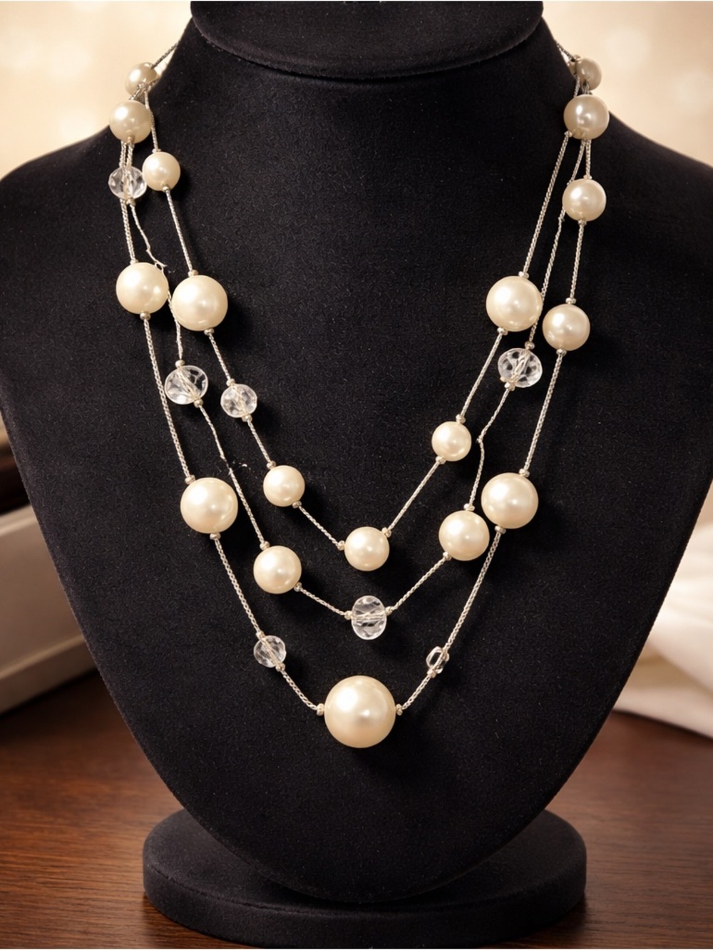 Classic Ivory Multi-Strand Pearl & Crystal Necklace - Elegant Layered Style